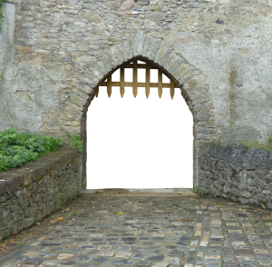 An-open-wooden-gate-in-an-old-stone-wall